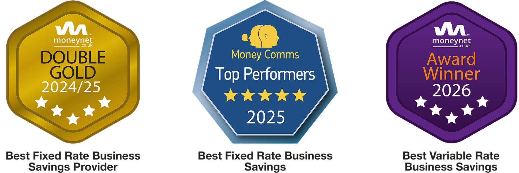 Three award badges: Moneynet Double Gold 2024 to 2025 for Best Fixed Rate Business Savings Provider, Money Comms Top Performers 2025 for Best Fixed Rate Business Savings, and Moneynet Award Winner 2026 for Best Variable Rate Business Savings.