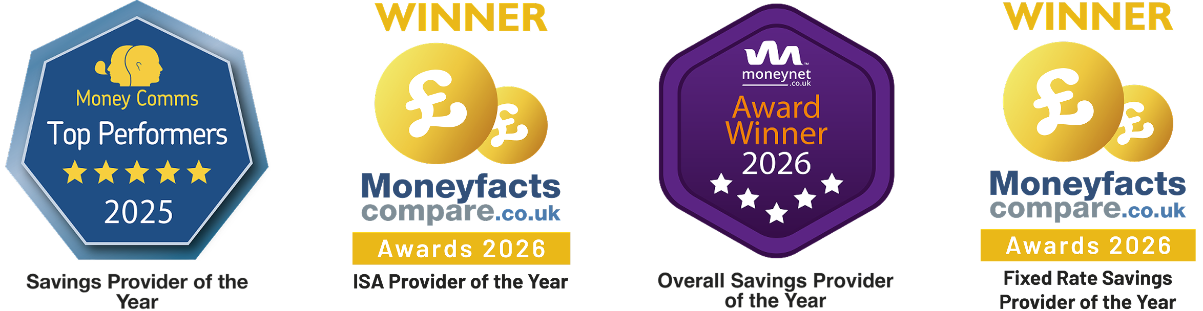 Four award badges: Money Comms Top Performers 2025 for Savings Provider of the Year, Moneyfacts Awards 2026 for ISA Provider of the Year, Moneynet Award Winner 2026 for Overall Savings Provider of the Year, and Moneyfacts Awards 2026 for Fixed Rate Savings Provider of the Year